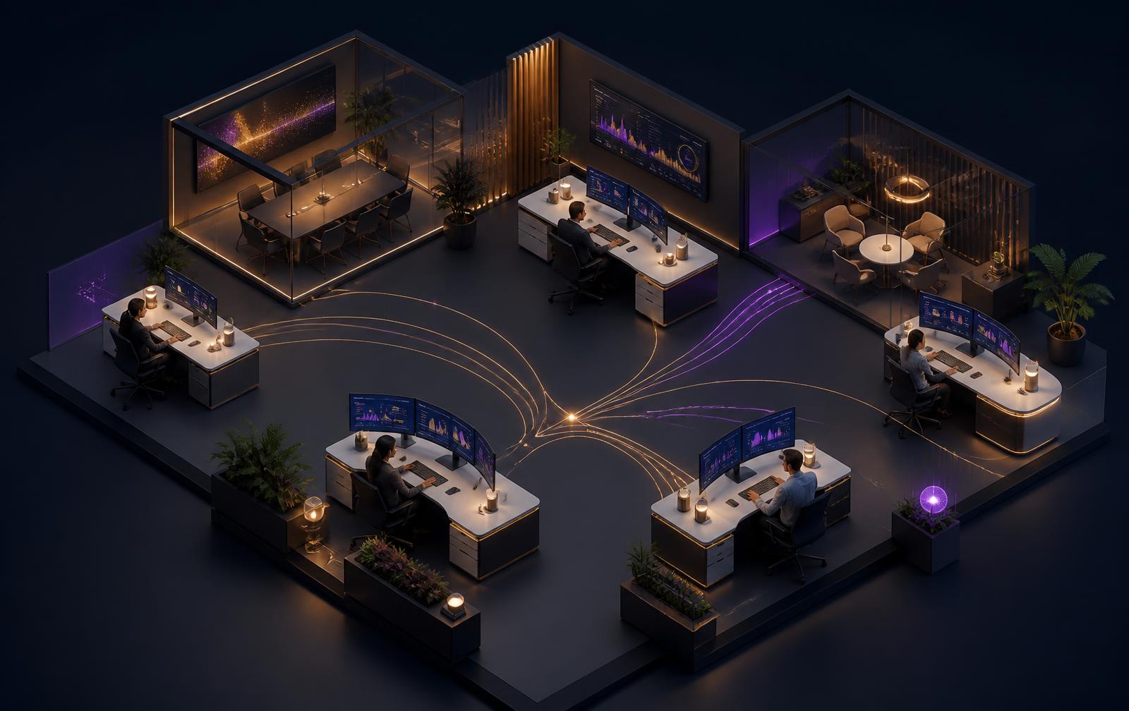 Isometric illustration of the Nottum workspace: five workstations connected by glowing gold and purple lines flowing through a shared coordination point.