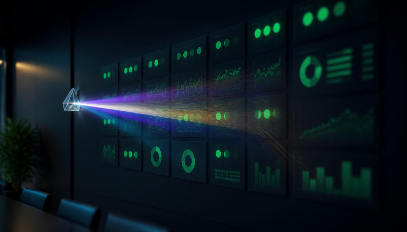 A wall of green dashboard tiles in a dark boardroom with prism light refracting across them